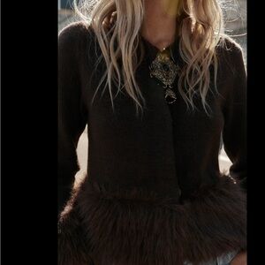 Zara Faux Fur Trim Knit Cardigan - Brown